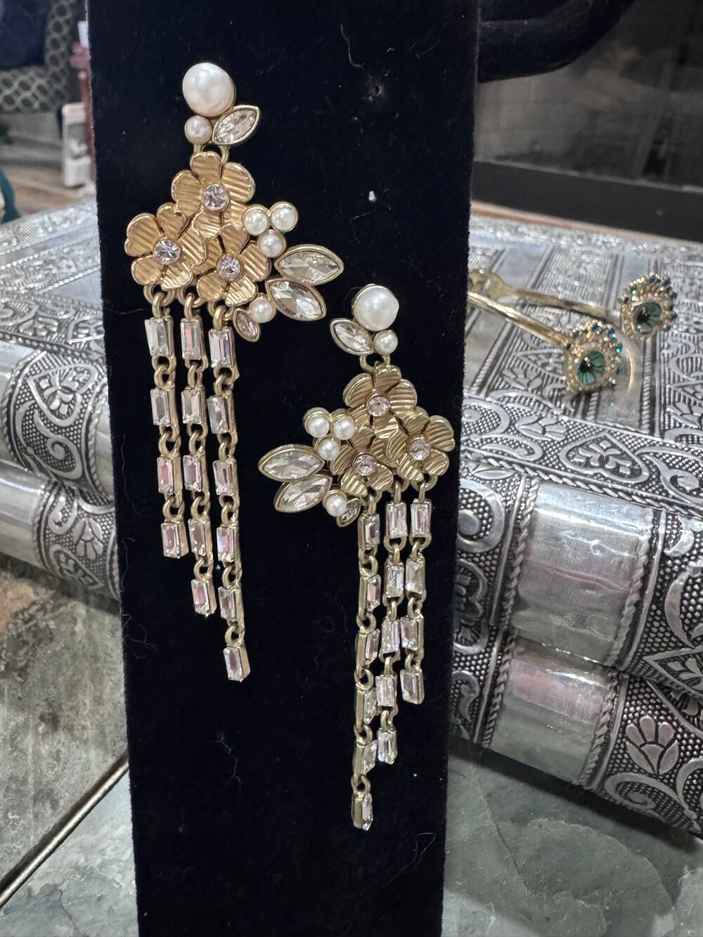 Vintage Gold Floral Chandelier Earrings Pearl Rhinestone Fringe Statement 3.5”